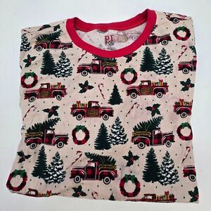 Christmas-Themed Pajama Set With Red Trucks & Wreath Print Long Sleeve Top & Pan